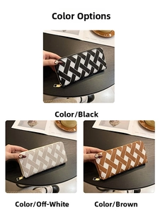 Detailed close-up showing woven pattern wallets in black, beige, and brown color options