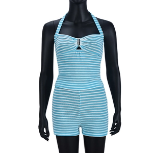 Detail of blue and white striped knit halter top and matching shorts on mannequin