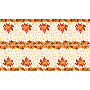Thanksgiving party tablecloth featuring colorful maple leaves and Happy Thanksgiving text