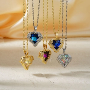 Elegant gold and silver heart necklaces with colorful crystal angel wing pendants