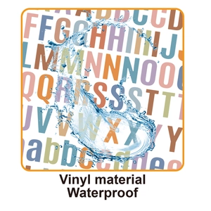 Detailed view of waterproof vinyl alphabet stickers showing splash resistance feature