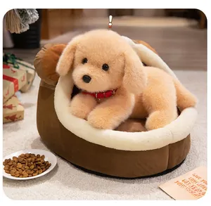 Golden Retriever plush toy with red collar sitting in a cozy brown pet bed