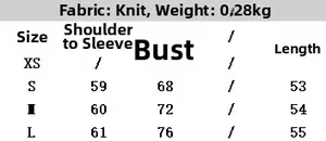 Size chart for the knitted ruched tube top detailing sleeve, bust, and length measurements