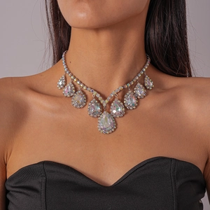 Detailed close-up of a luxury silver-tone fringe necklace with sparkling AB crystals