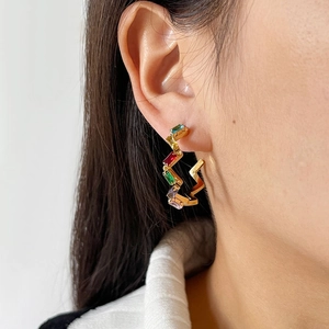 Titanium steel geometric earrings with colorful rectangular cubic zirconia in gold finish