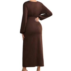 Chic dark brown long sleeve maternity maxi dress with slim fit and ruched detail back view