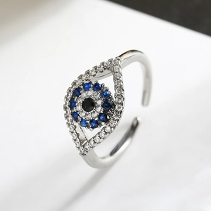 Adjustable evil eye ring in silver finish with pavé set blue and white cubic zirconia