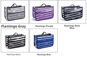 Detail showing various colors of flamingo pattern tote organizers with mesh pockets
