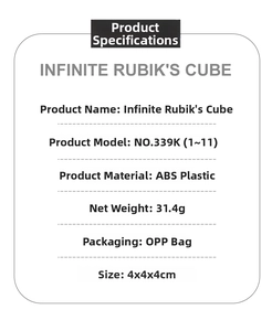 Detailed specifications for the ABS infinite cube stress toy showing size and weight