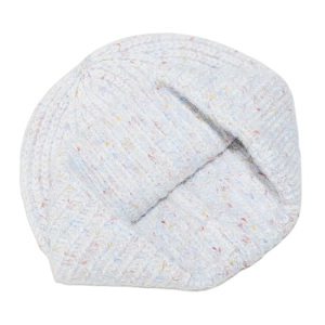 Close-up of light blue knitted beanie with colorful speckles and thick texture