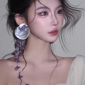 Asymmetric shell flower tassel earrings with purple bead fringe for elegant women