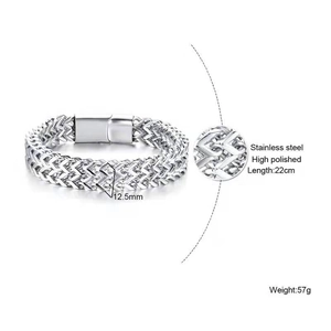 Pulsera de doble cadena de acero inoxidable plateado pulido para hombre, 22cm