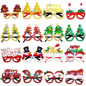 Detail view of 16 assorted LED Christmas glasses with Santa, snowman and reindeer designs
