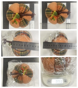 Detailed dimension and weight check of corduroy fabric pumpkin with red plaid patterns
