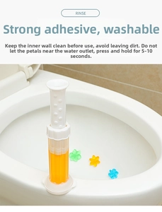 Detail of toilet cleaning gel applicator applying colorful flower shaped gel petals
