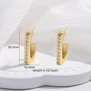 Elegant gold S925 silver U-shape earrings with cubic zirconia stones, size 20.2x16.5mm