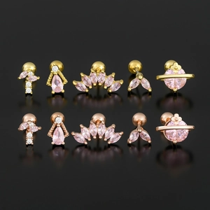 Pink zircon gold and rose gold geometric helix piercing stud set shown on black background