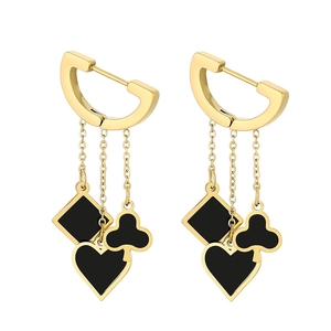 Elegant gold titanium steel tassel earrings with black heart and clover poker charms