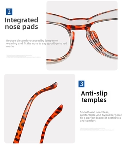 Detail of tortoise shell frame glasses featuring integrated nose pads and anti-slip temples