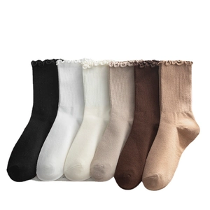 Set of 6 colorful women's cotton socks with stylish lettuce edge trim in neutral tones