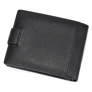 Close-up of black genuine leather wallet showing detailed lychee grain texture and stitching