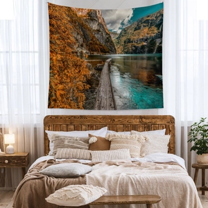Bohemian wall tapestry featuring a scenic autumn mountain lake and golden forest landscape