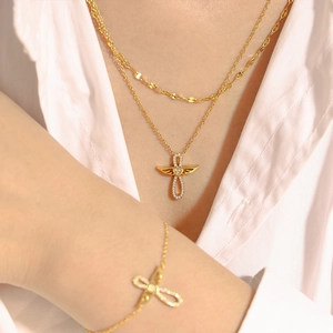 Collier Et Bracelet Ailes Ange Coeur Croix Acier Titane Zircon Incrusté Double Couche Bijoux Luxe Pour Femmes