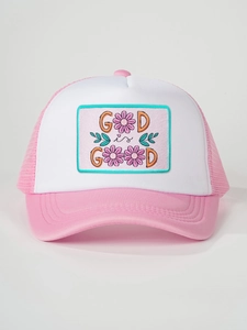 Close-up of God Is Good embroidery on pink and white trucker hat with mesh back