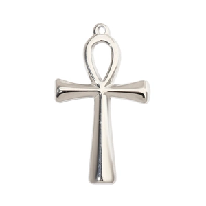 Detailed view of a silver stainless steel Ankh cross pendant with a polished metallic finish