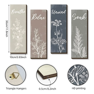 Set of 4 botanical wooden wall plaques with Breathe Relax Unwind Soak text designs