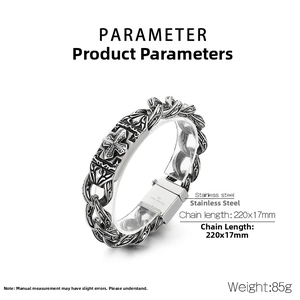 Detail view of a 316L stainless steel bracelet with cross relief and snap clasp