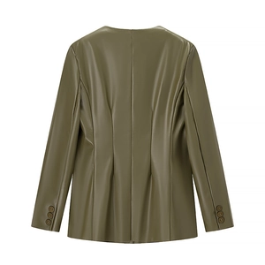 Back view of slim fit olive green faux leather jacket with waist stitching and cuff buttons