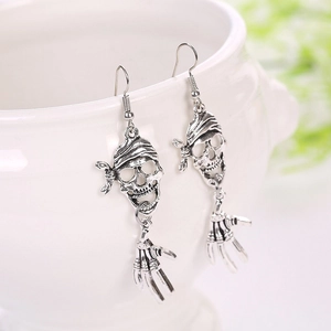 Gothic punk pirate skull earrings with skeleton hands in antique silver finish