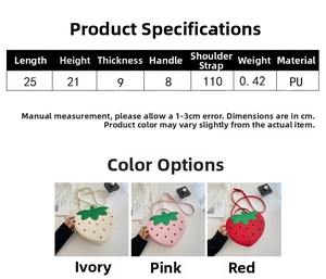 Detailed size chart for strawberry PU leather handbags showing dimensions and weights