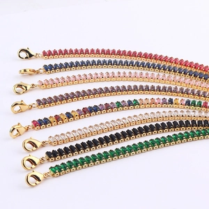 Colorful tennis bracelets set with rectangular cubic zirconia in various vibrant colors