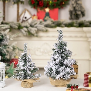 Mini Artificial Christmas Tree Flocked With Fake Snow PVC Pine Desktop Ornament Burlap Base Home Festive Decoration