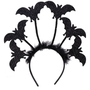 Detail of Halloween bat headband with black glitter wings and soft feather trim