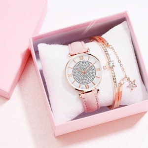Dameshorloge roségoud met strassteentjes en sterarmband met roze leren band in geschenkdoos