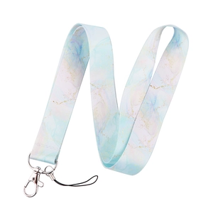 Detail of blue and pink marble pattern lanyard with a silver metal clasp and nylon cord