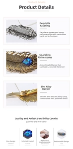 Detailed view of feather hair clip with blue rhinestones and non-slip spring clasp