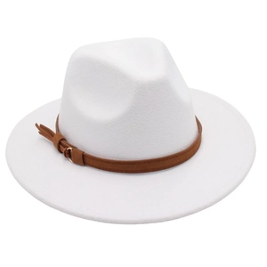 Detail of white wide brim wool fedora hat with a brown leather belt buckle strap