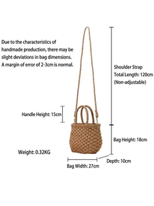 Handwoven straw basket bag with round handles and shoulder strap, 27cm x 18cm x 10cm