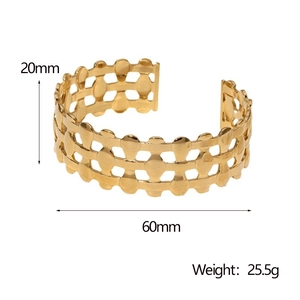Detail showing 20mm width and 60mm diameter of gold hollow woven stainless steel cuff