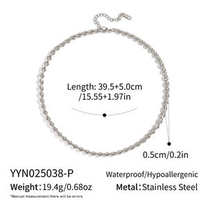 Detail view of silver stainless steel twisted chain necklace with product dimensions