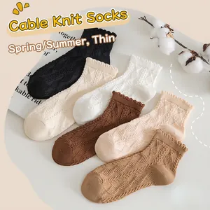 Women Crew Socks Cotton Blend Ruffle Edge Cable Knit Hollow Out Breathable Vintage Japanese Style Mid Tube Socks Girls