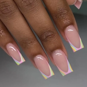 French Aurora Press On Nails Glitter Ins Style Medium Square Pink Rainbow Swirl Artificial False Nails For Women Beauty