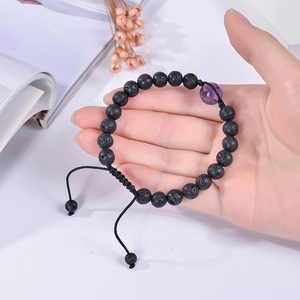 Bracciale intrecciato regolabile in occhio di tigre 12mm e pietra lavica viola