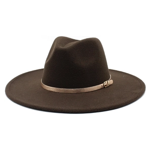 Top-down view of dark brown wool fedora with champagne gold leather belt and metal buckle
