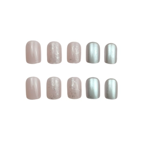 Short minimalist silver contrast dot press-on nails with glitter and metallic finish