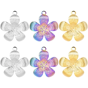 Textured Flower Pendant Necklace Plated Stainless Steel Five Petal Jewelry For Women Girls Rainbow Gold Silver Tone